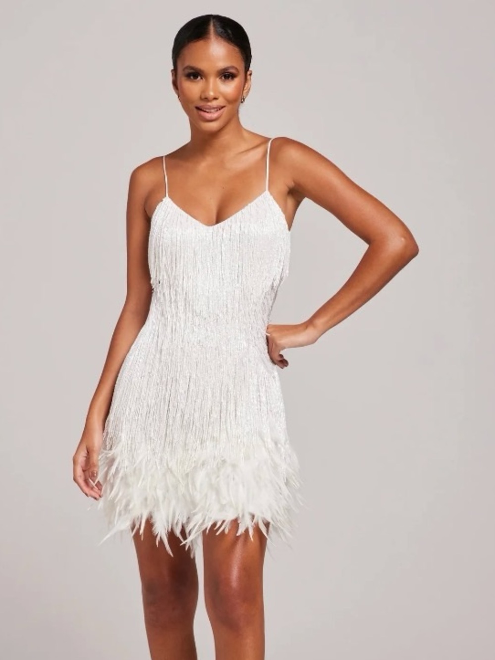 White Feather-Trim Spaghetti Strap Mini Dress